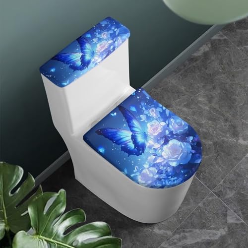 Blue Butterfly Print Toilet Lid Covers with Tank Covers Toilet Seat Cover Dustproof Stays in Place Home Decor Fits Most Toilet Lids - color: Bling Butterfly Print