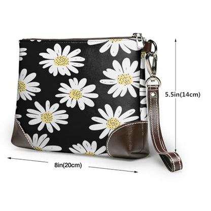 Leather Clutch Purse for Women, Large Capacity Wristlet Wallet with Removable Strap, Zip Handbag - color: Daisy Flowers