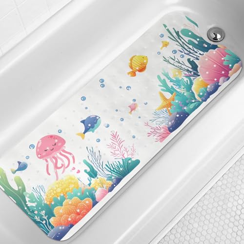 LNOND Bath Mat for Tub for Kids, Toddler Bathtub mat Non Slip, Coral Reef Fish Kids Bath Mats for Bathroom Non Slip with Drain Holes and Suction Cups,Machine Washable (40 X 16 Inch) - color: Coral Reef Fish