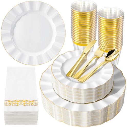 175PCS White Plastic Dinnerware Set, Wavy Plates for 25 Guests - color: Pearl White
