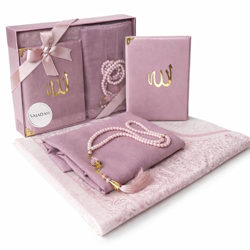 SAJADAH Muslim Prayer Rug Set - 4 in One Islamic Gifts Set, Prayer Mat, Prayer Beads, Hijab, Surahs Book,Eid Gifts - color: Pink