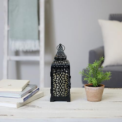 Zingz & Thingz Moroccan Style Candle Lantern Holder, Decorative Light Home Decor, Indoor & Outdoor, 13" Tall, Black