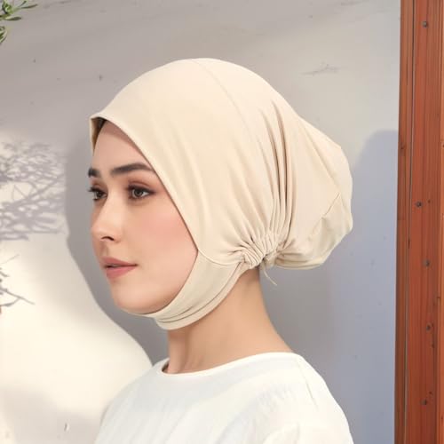 Hijab Beanies Cap Undercaps Slouchy with Elasti Non-Slip Caps Under Scarf for Women - color: White + Light Khaki
