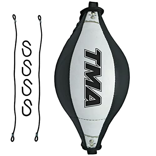 TMA Genuine Leather Double End Dodge Speed Ball Boxing Floor to Ceiling Punching Bag MMA (Black/White)