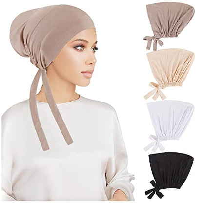 PHOGARY 4 Pcs Women Hijab Undercap, Islamic Muslim Under Hijab Cap Inner Under Scarf Hat Turban with Tie Back Closure - color: Black, White, Beige, Khaki