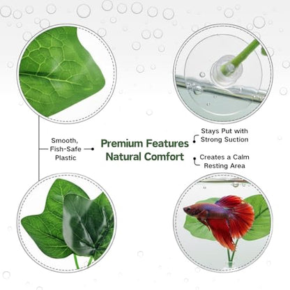 4 Pack Betta Fish Leaf Pad Hammock, Natural Habitat Aquarium Decorations for Resting and Breeding, Suction Cup Betta Bed for Small to Large Tanks (Green)