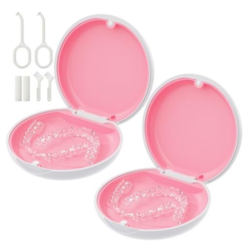 2 Pack Retainer Case, Slim Aligner Case for Invisalign with Tool Kit | 2 Pack Slim Magnetic Retainer Case for Invisalign • Pocket-Size for Travel • Full Kit: Removal Tool, Seater & Brush - color: 2 Pack - White&Pink