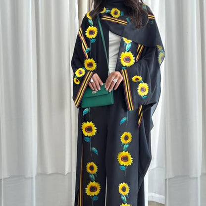 Long Chiffon Cardigan Abayas for Women's Muslim Kaftan | Applique Flower, Hijabs Dress - color: Flower Pattern