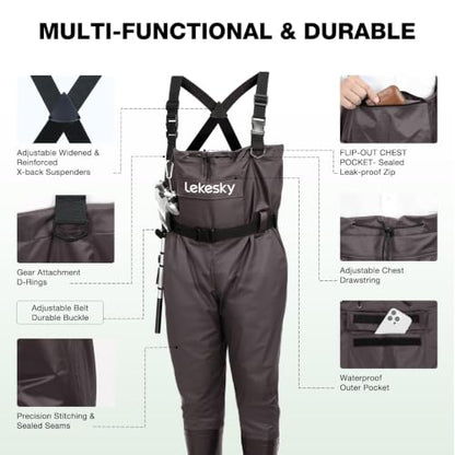 Lekesky Fly Fishing Chest Waders with Boots for Men Women, US Sizes 5–14,2-Ply Nylon/Pvc Waterproof Waders - color: Brown, size: M9/W11