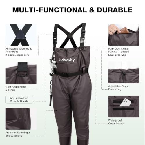 Lekesky Fly Fishing Chest Waders with Boots for Men Women, US Sizes 5–14,2-Ply Nylon/Pvc Waterproof Waders - color: Brown, size: M10