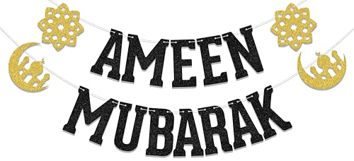 Ameen Mubarak Banner, Eid Festival Muslim Islam Party Decorations, Eid Mubarak Banner, Ramadan Mubarak Decoration Supplies Black