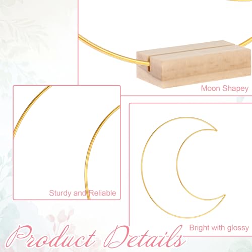 12 Sets Moon Shaped Metal Hoops for Crafts, Metal Wreath Ring Stand | with Wooden Base Hoops for Crafts Dream Catcher Ring for Weddings, Banquets, Parties and Home Decoration-Gold, 10×8.46 Inch