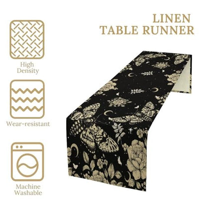 Moth Moon Table Runner,Fantasy Bohemian Nature Floral Starry Sun and Moon Gothic Skull Moth Butterfly Table Top Restaurant Dining Kitchen Wedding Party 13x36 Inch - color: Moon Style-31, size: W13X L36