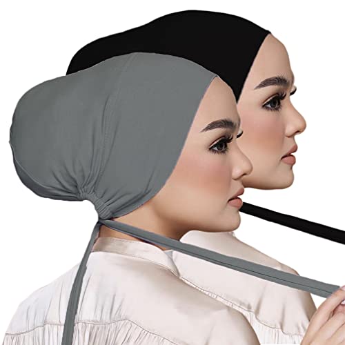 Women Under Scarf Hat Hijab Undercap Islamic Muslim Under Scarf Hijab Cap with Tie-Back Closure - color: Black+dark Gray(2pcs)