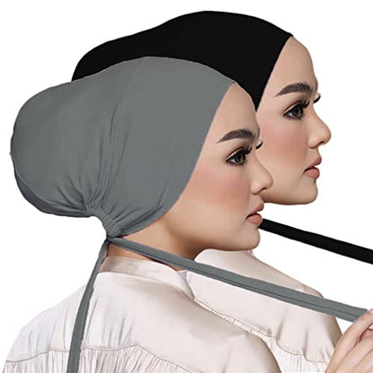 Women Under Scarf Hat Hijab Undercap Islamic Muslim Under Scarf Hijab Cap with Tie-Back Closure - color: Black+dark Gray(2pcs)