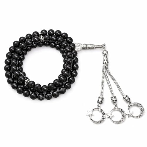 Amazing Gemstone Black Tourmaline Tasbeeh with Moon and Star Charm - Certified Crystal Muslim Prayer Beads Natural Gemstone Tasbih for Ramadan Dhikr and Daily Namaz (S) - color: Black Tourmaline