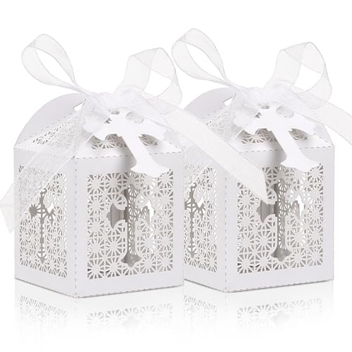 Yinsun 50 PCS Laser Cut Wedding Favor Boxes, 2x2x2 Inch Gift Boxes, White | Bulk Party Favors, With Ribbon and Tags, For Weddings, Baby Showers, Birthday - color: White