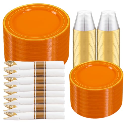 DaYammi 350PCS Orange Plastic Dinnerware Set for 50 Guests - color: B Orange, size: 350PCS（50 Guests)