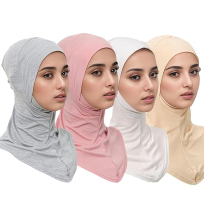Yeieeo 4PCS Hijab Undercap for Women, No Slip Full Coverage Hijab Inner Cap, Soft Underscarf Breathable Headwear - color: White+beige+skin Pink+light Grey