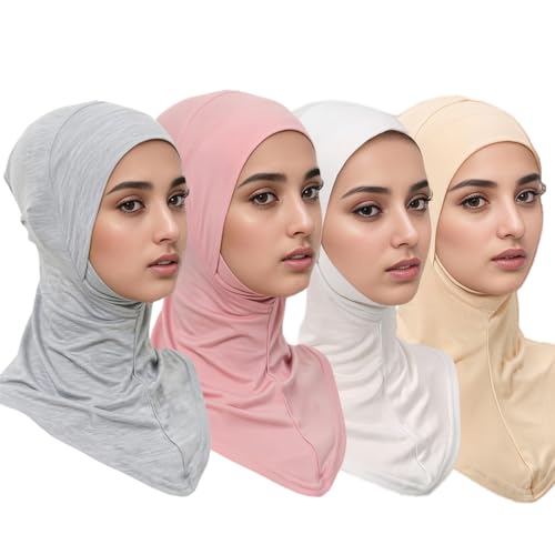 Yeieeo 4PCS Hijab Undercap for Women, No Slip Full Coverage Hijab Inner Cap, Soft Underscarf Breathable Headwear - color: White+beige+skin Pink+light Grey