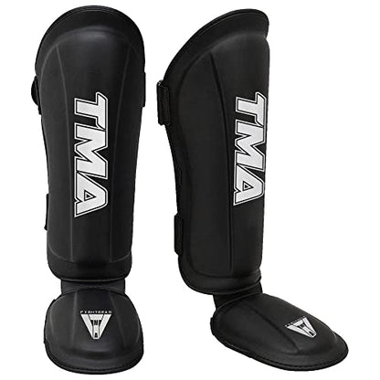 TMA Shin Guards Kickboxing Muay Thai, Premium Leather, Leg Instep Protection Pads, MMA Martial Arts Kicking Sparring Training Gear, BJJ Karate Boxing Taekwondo - size: Large