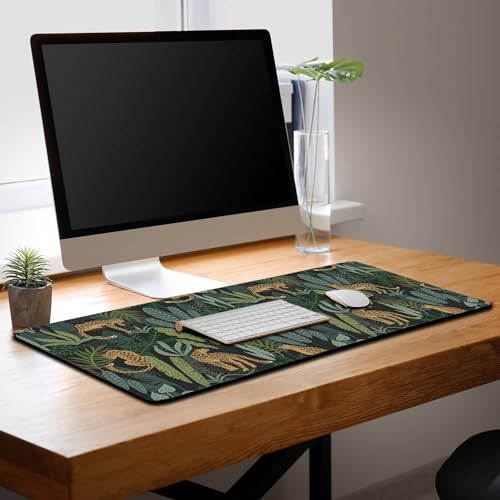 Extra Large Mouse Pad Yellow Green Office Desk Mats Gaming Mousepad Ga Mouse Pad Non-Slip Rubber Base Waterproof with Stitched Edges 35.4" X 15.7" for Game Office, Tropical Leaves - color: Leopard/Tropical Leaves