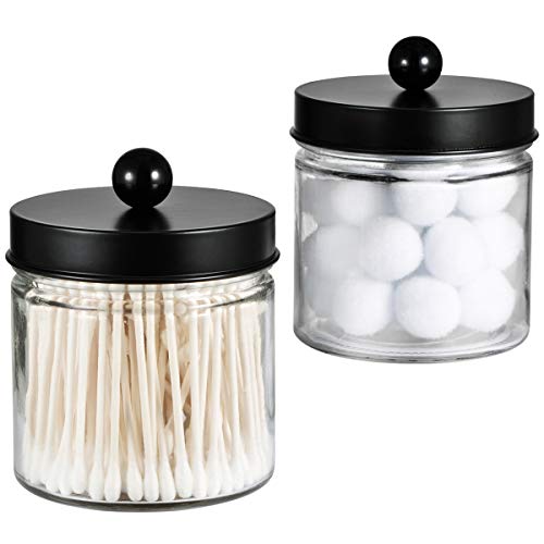 SheeChung Glass Mason Jar Qtip Holder, Black Stainless Steel Lids, 2 Pack | Clear Apothecary Jar Canisters Set,Bathroom Jar Dispenser,Vanity Storage Organizer for Cotton Swab,Ball,Floss,Farmhouse Decor - color: Black, size: 2 Pack
