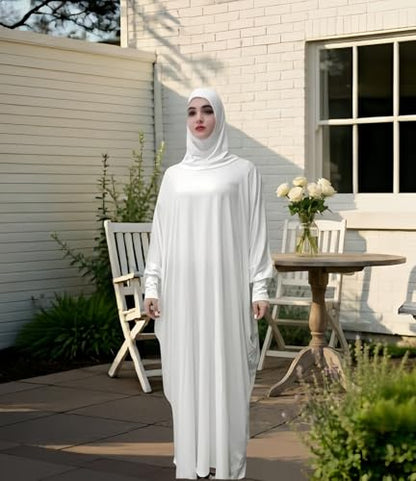 Women's Solid Muslim One-Piece Prayer Dress Abaya Kaftan with Hijab Full Length Dress - color: White