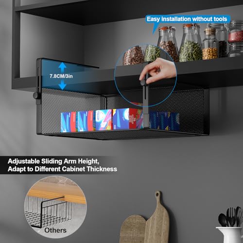 AmonHouseware 2Pack Under Shelf Basket,Adjustable Hanging Holder,Black | Under Cabinet Shelf Add-on, Slide-in Baskets,Storage for Laundry Room Kitchen Pantry Desk Bookshelf Counter Cupboard - color: Black