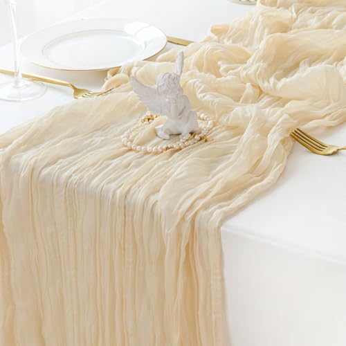 Sioloc Beige Cheesecloth Table Runner 120'' x 35'',Spring Easter Decor Soft Gauze Boho Wedding Table Decor for 10ft Table Birthday Party,Baby Shower, Bridal Shower, Home & Event Decor - color: Beige, size: 1pc