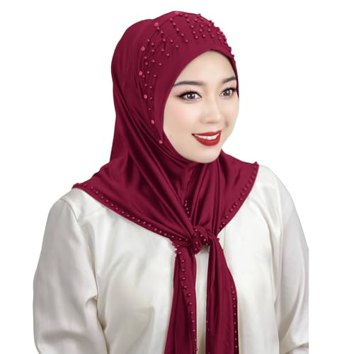 Suillty Women's Pearls Muslim Islam Instant Hijab Scarf Soft Turkish Headwear Jersey Headscarf Shawl Wrap - color: Red