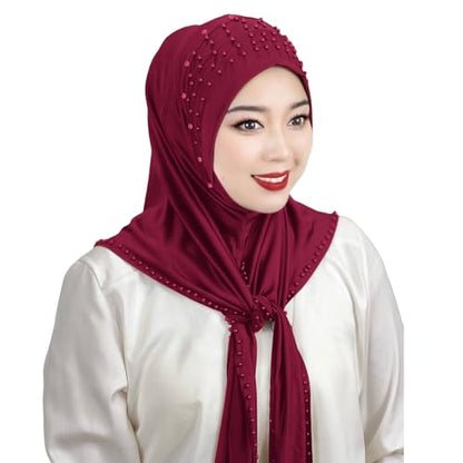 Suillty Women's Pearls Muslim Islam Instant Hijab Scarf Soft Turkish Headwear Jersey Headscarf Shawl Wrap - color: Red