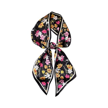 Silk Feeling Head Scarf Fashion Satin Hair Scarf Square Long Scarves for Women Gifts - color: 02 Black Flower 5.12 X 59 Inch