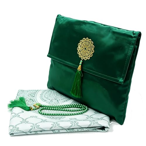 Green Portable Muslim Prayer Rug with Tasbih and Travel Bag - color: Green