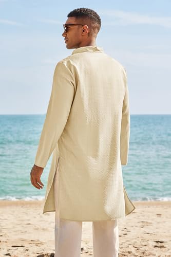 Runcati Mens Kaftan Thobe Textured Henley Shirt Long Sleeve Robe Casual Muslim Gown Shirt - color: Beige, size: Medium