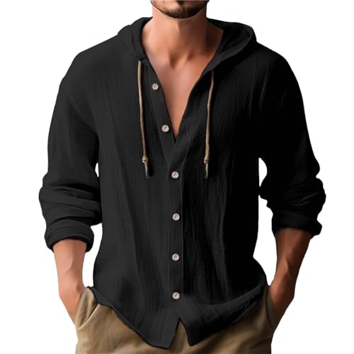 Linen Shirts for Men Casual Button Shirt Summer Cotton Linen Hoodie Beach Long Sleeve Shirts Top with Hood - color: A1-black, size: Small