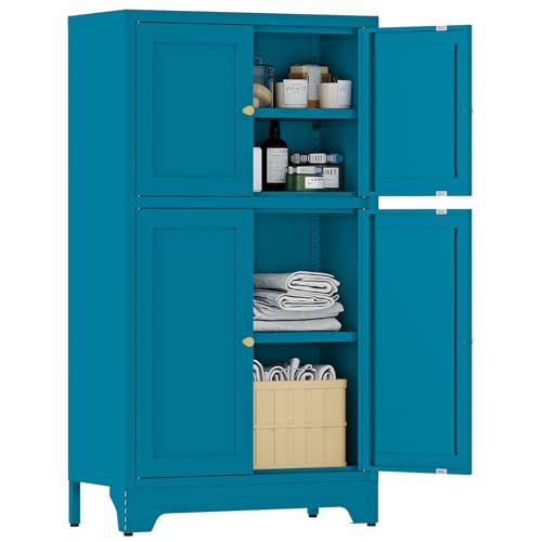 YAUWOH Blue Bathroom Floor Cabinet, Metal Storage Cabinet with 2 Adjustable Shelves & 4 Doors,Freestanding Sideboard for Dining Room,Living Room, Home Office - color: Blue, size: 4Doors-40"H