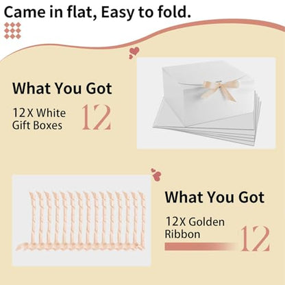 WLUSEAXI 12pack Gift Boxes with Lids,White Gift Boxes Bulk with Gold Bow Ribbon,Bridesmaid Proposal Box for Presents Kraft Paper for Wedding,Christmas,Halloween,Baby Shower - color: White