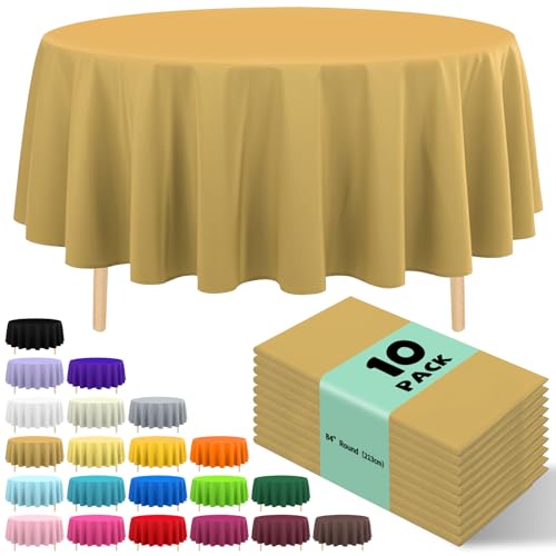 10 Pack Premium Disposable Plastic Tablecloth 84" Round Table Cover for Birthdays Weddings Christmas Anniversary Buffet Table (Gold) - color: Gold, size: 84" Round
