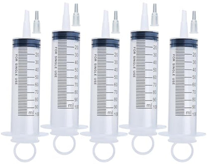 5 Pack 100ml Syringes with Tip Adapters, Large Garden Syringe for Scientific Labs, Nutrient Measuring, Watering, Refilling - size: 100 ml