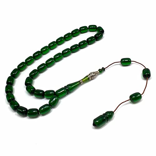 EXCLUSIVE COLLECTION -Handmade Silver Engraved Bakelite Tesbih, Tasbih, Islamic Rosary, Islamic Prayer Beads, Misbaha (8x12 mm 33 Forest Green Beads) - color: 8x12 mm 33 Forest Green Beads