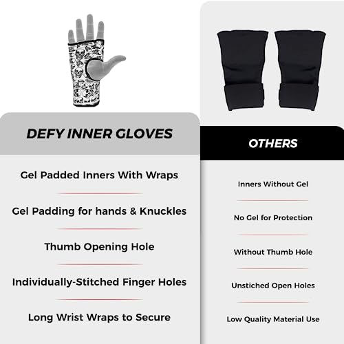 DEFY Padded Inner Gloves Quick 75cm Long Strap – Inner Boxing Gloves Gel Padded Knuckle Protection – Elasticated Boxing Hand Wraps for MMA Muay Thai Kickboxing Martial Arts Pair - color: Skulls, size: X-Large