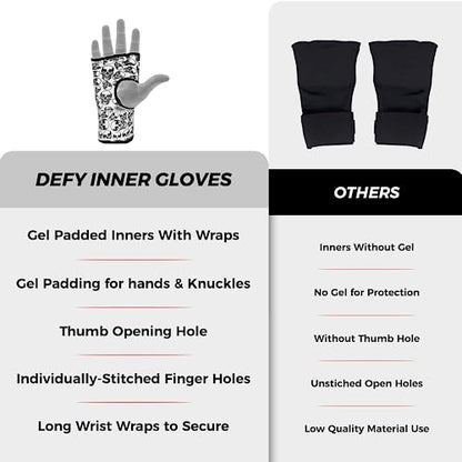 DEFY Padded Inner Gloves Quick 75cm Long Strap – Inner Boxing Gloves Gel Padded Knuckle Protection – Elasticated Boxing Hand Wraps for MMA Muay Thai Kickboxing Martial Arts Pair - color: Skulls, size: X-Large