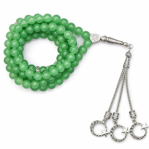 Amazing Gemstone Green Aventurine Tasbeeh with Moon and Star Charm - Certified Crystal Muslim Prayer Beads Natural Gemstone Tasbih Gift for Ramadan Dhikr and Daily Namaz (S) - color: Green Aventurine