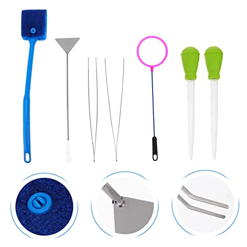 COLLBATH 7pcs Aquarium Cleaning Tool with Stainless Steel Brush Tweezers and Fishing Net Essential Tank Plant Tools for Easy Maintenance