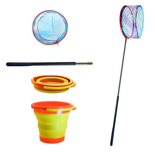 2PCS Kids Fishing Nets with Bucket - Telescoping Handle Retractable Landing Net Lightweight Aluminum Pole for Catch and Release Frog, Minnow, Butterfly, Crab, Beach and Creek Outdoor - color: RED