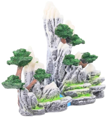 Mountain Waterfall Aquarium Decoration – Natural Rock Cliff with Trees & Stream, Hand-Painted Resin Fish Tank Ornament