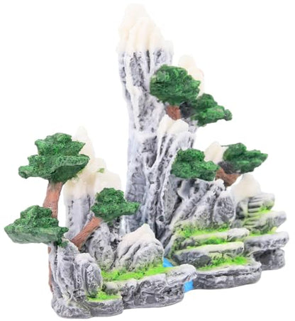 Mountain Waterfall Aquarium Decoration – Natural Rock Cliff with Trees & Stream, Hand-Painted Resin Fish Tank Ornament