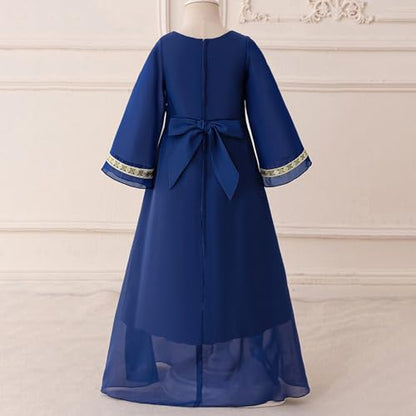 Toddler Girls Muslim Abaya Dress Islamic Dubai Modest Lace Belted Dress Abayas Kaftan Eid Prayer Clothes Arabian Maxi Robe - color: Navy-b, size: 3-4T