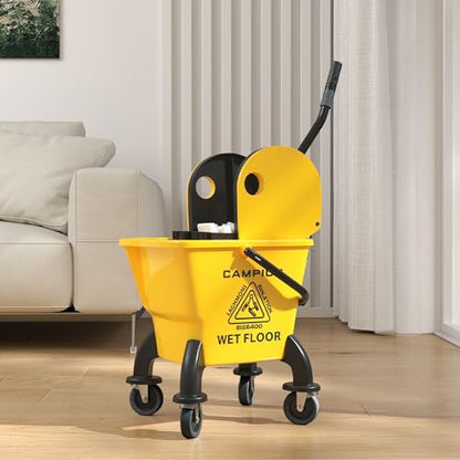 HOMCOM Mop Bucket with Wringer on Wheels, 27.5 Quart, with Mop, Yellow | Down Press Wringer, Handle and Mop, Floor Cleaning - color: Yellow, size: 27.5 Quart